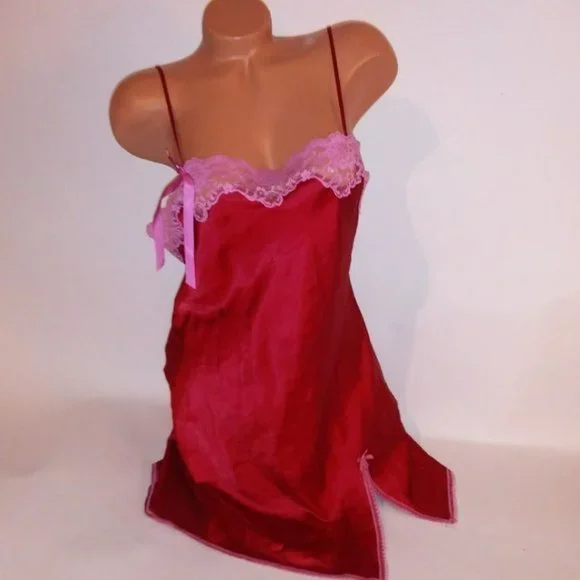 Victoria Secret Lingerie Chemise Slip Large Red Pink Satin Lace Trim Side Slit R